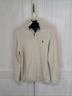 Polo by Ralph Lauren Cream 1/4 zip, 100% Cotton Sweater with Navy Logo size M